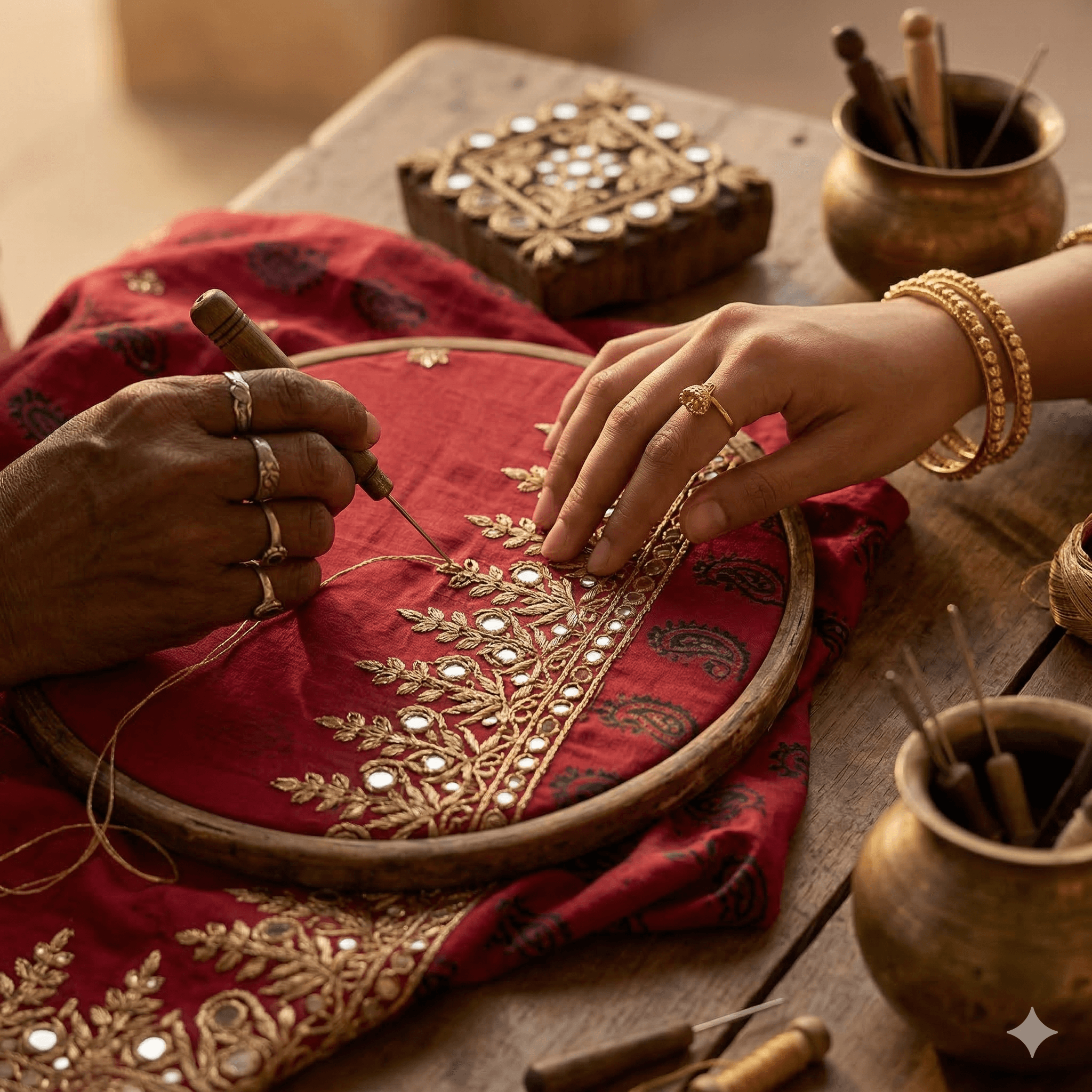 Artisan doing zari embroidery — the heart of Nivorah
